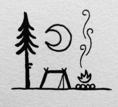 a drawing of a campfire and tent with the moon in the sky above it