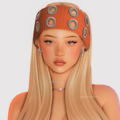 a woman with long blonde hair wearing an orange headband and piercings on her ears