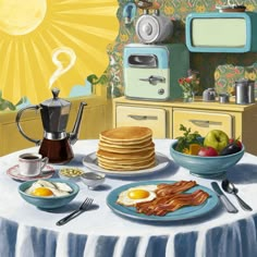 a painting of breakfast food on a table