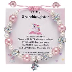 PRICES MAY VARY. *Sparkly Unicorn Pink Bracelet for Granddaughter* This cute charm bracelet combined with sparkly rhinestone crystal balls, pink & white pearls and unicorn charm, which make your granddaughter more eye-catching in the crowd. It is an adjustable bracelet and it slid to fit your granddaughter wrist perfectly, unicorn bracelet adjustable from 4" to 11". *To My Granddaughter Magical Bracelet from Grandmom Granddad* Accompanied with a meaningful message card: "To my granddaughter, alw Magical Bracelet, Bracelet Message, Bracelet Card, Unicorn Bracelet, To My Granddaughter, Unicorn Charm, Gift Boxes For Women, Magic Symbols, Crystal Balls