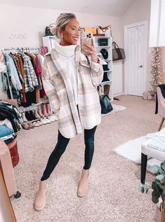 Fall Winter Boot Outfits, Shacket Boots Outfit, Shacket And Boots Outfit, Fall Fashion With Boots, Teacher Shacket Outfit, Taupe Boots Outfit Fall, Fall Outfit Ideas For Women Casual, 2024 Boots Outfits, Shaw Outfit Fall