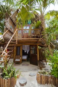 a house made out of bamboo and surrounded by palm trees, with a bed in the middle