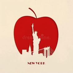 an apple with the statue of liberty on it in front of a cityscape