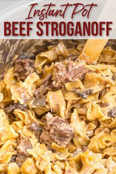 an instant pot beef stroganoni recipe in a white bowl with a wooden spoon