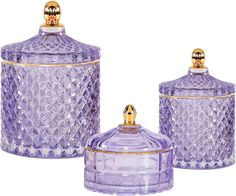 purple glass canisters with gold accents