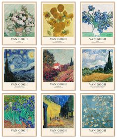 six van gogh paintings are shown in different colors and sizes, with the words van gogh above them