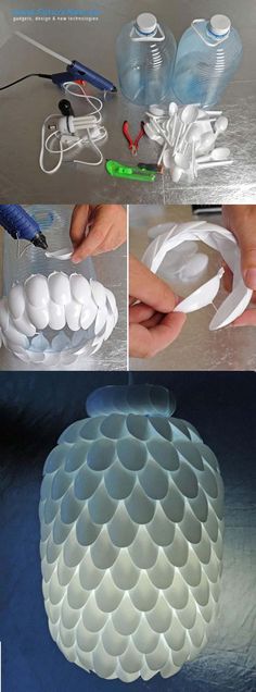 the process of making a light fixture is shown in three different pictures, including one being made from plastic bottles