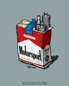 a can of motor sport sitting on top of a table