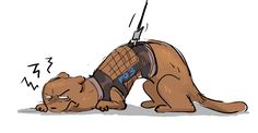 a drawing of a dog with a harness on it's back laying down next to a knife in its mouth