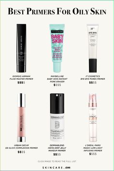 Between having to find the perfect cleanser and moisturizer for oily skin, the last thing we want to think about is primer. So we did the hard work for you and hand-picked our favorite primers to help you combat excess oil and make your complexion flawless. Good Primers For Oily Skin, Oil Skin Moisturizer, Matte Primer Oily Skin, Drugstore Primer For Oily Skin, Concelear For Oily Skin, Best Drugstore Primer For Oily Skin, Primer For Oily Skin And Large Pores, Oily Face Makeup Tips, Oily Makeup Tips