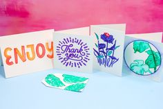 three greeting cards with the words enjoy and flowers on them, one is for each other