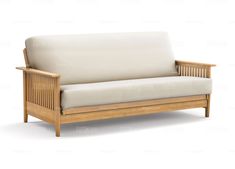 a wooden couch with white cushions on it