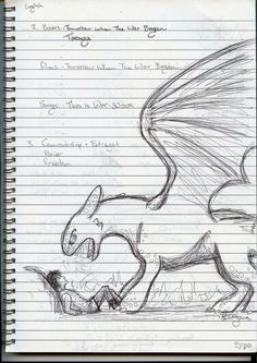 a pencil drawing of a dragon sitting on top of a piece of paper with writing underneath it