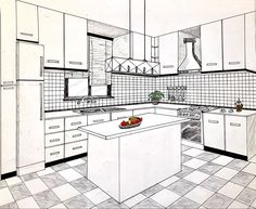 a drawing of a kitchen with an island in the middle and cabinets on both sides