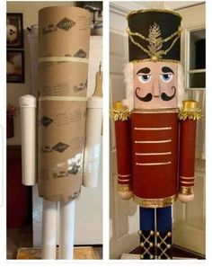 two pictures of a nutcracker made out of cardboard