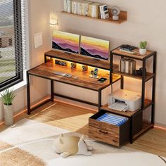 a computer desk with drawers and shelves on the floor in front of a large window