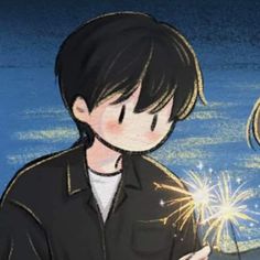 a drawing of a boy holding a sparkler in his hand and looking at it