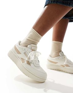 Reebok Club C Double Revenge sneakers in off white & beige detail | ASOS Beige Ankle-high Sporty Sneakers, Comfortable Beige Ankle-high Sneakers, Beige Ankle-high Sneakers With Cushioned Footbed, Basic White Shoes, Reebok Club C Double Revenge, Reebok Club C Extra, Shoe Styling, Cream Sneakers, Reebok Club C Double