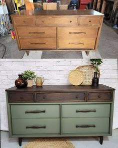 two pictures side by side one has a dresser and the other has a rug