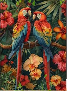 two parrots sitting on a branch surrounded by tropical flowers