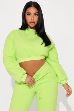 Available In Yellow, Lime, And Coral. Pant Set Super Soft Fleece Cropped Sweatshirt Jogger Pant Drawstring Waist Elastic Leg Stretch Self: 70% Polyester 30% Cotton Contrast: 62% Polyester 33% Cotton 5% Spandex Imported | Erin Super Soft Fleece Pant Set in Lime size XL by Fashion Nova Chartreuse Fashion, Never Say Never, Review Fashion, Cute Comfy Outfits, Wide Leg Pant, Fleece Pants, Womens Loungewear, Crop Sweatshirt, Pant Set