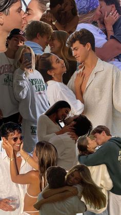 a collage of people standing in front of each other with one woman kissing the other