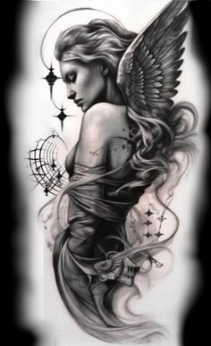 a woman with an angel tattoo on her arm and shoulder is shown in black and white