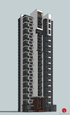 two tall buildings with balconies on the top and bottom floors are shown in this drawing