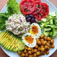 a white plate topped with eggs, avocado, tomatoes and chickpeas