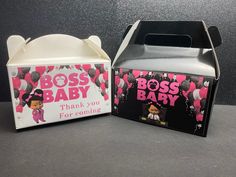 a box with a baby's name on it next to an empty box that says boss baby