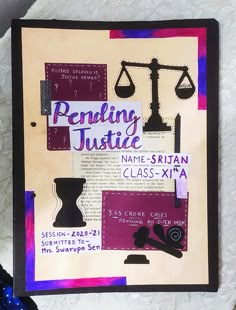 a bulletin board that has some writing on it with images of law and justice related items