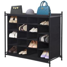 the shoe rack has many pairs of shoes and a handbag on top of it