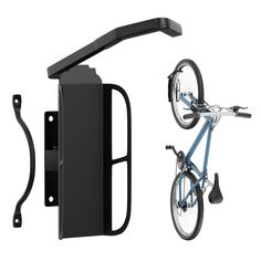 a bike is attached to the back of a black wall mounted bicycle rack with an umbrella hook on it