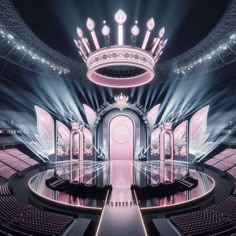 an empty stage with lots of chairs and lights in the center is lit up by pink lighting