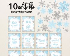 the snowflake table signs are shown in blue and silver