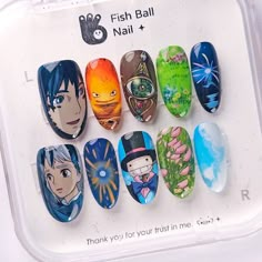 霍爾的移動城堡， 客訂全手繪穿戴甲 Howls Moving Castle Nail Art, Anime Manicure, Howls Moving Castle Nails, Ghibli Nails, Anime Nail Art, Korea Nail Art, 하울의 움직이는 성