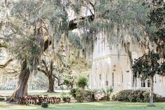 a large white house with trees in front of it