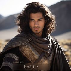 a man with long hair wearing a black and gold outfit in the desert, looking at the camera