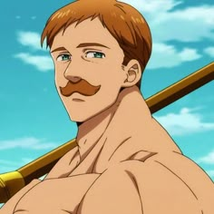 a man with a moustache on his chest holding a baseball bat over his shoulder