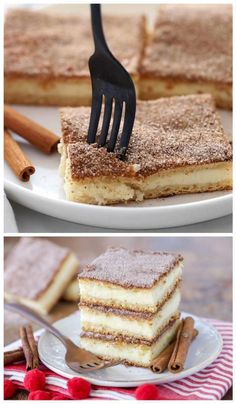 there are three different types of desserts on this plate and one has a fork in it