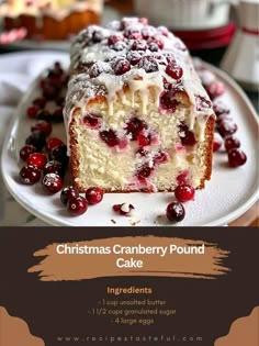 christmas cranberry pound cake on a white plate