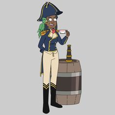 a cartoon character holding a cup and standing next to a barrel