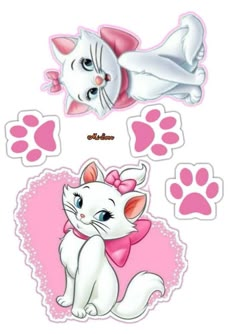 two white cats with pink bows and paw prints