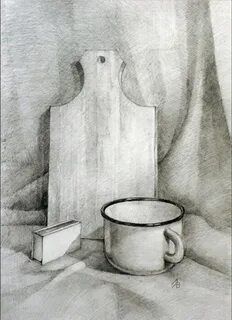 a pencil drawing of a coffee cup next to a cutting board