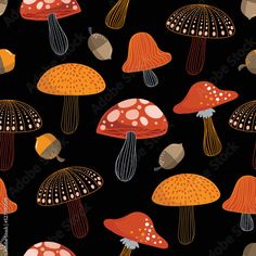 a black background with orange and red mushrooms on it's sides, all in different colors