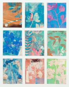 six paintings with different colors and designs on them, each one has an image of a plant