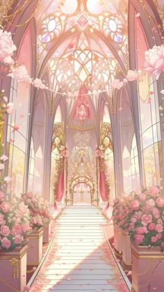 an image of a beautiful church with flowers in the foreground and sunlight coming through the windows