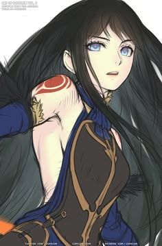 an anime character with long black hair and blue eyes, holding her arm out to the side