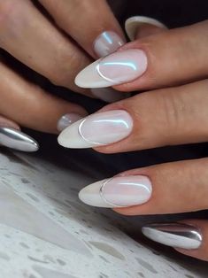 White Almond Nails, White Chrome Nails, Engagement Nails, Silver Nail Designs, White And Silver Nails, Milky Nails, Pearl Nails, Neutral Nails