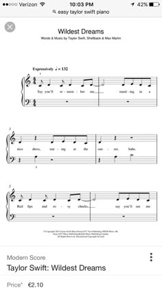 sheet music with the words wildest dreams written in black and white, on an iphone screen